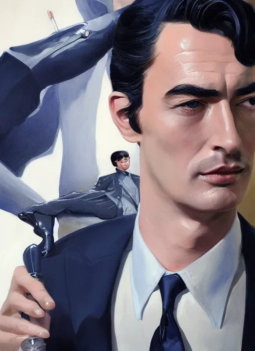 Image similar to full - length portrait of young gregory peck, dressed in a navy blue suit with silver embroidered details, detailed face, fantasy, cinematic lighting, digital art painting, fine details by realistic shaded lighting poster by ilya kuvshinov katsuhiro otomo, magali villeneuve, artgerm, jeremy lipkin and michael garmash and rob rey