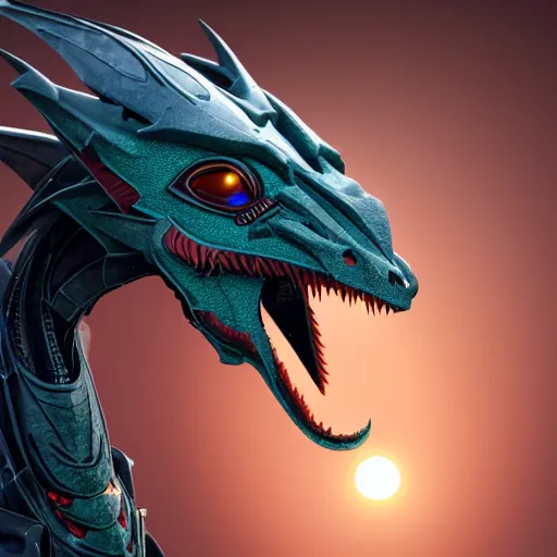 Image similar to bust of a beautiful anthropomorphic robotic female dragon, with smooth and streamlined armor, standing and posing elegantly, well detailed dragon head with LED eyes and a maw, sharp and dangerous sleek design, two arms, two legs, long tail, beautiful digital art, artstation, DeviantArt, FurAffinity, professional, octane render, sunset lighting