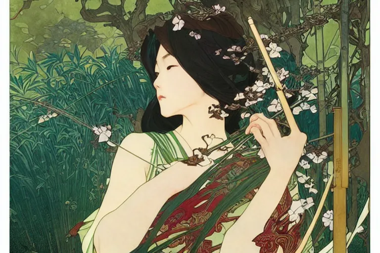 Prompt: beautiful cinematic fantasy poster, asian woman side view using a bokken in forest ; intricate complexity, by shigenori soejima, krenz cushart, alphonse mucha, takato yamamoto, conrad roset, 4 k, beautiful, high quality - h 9 6 0