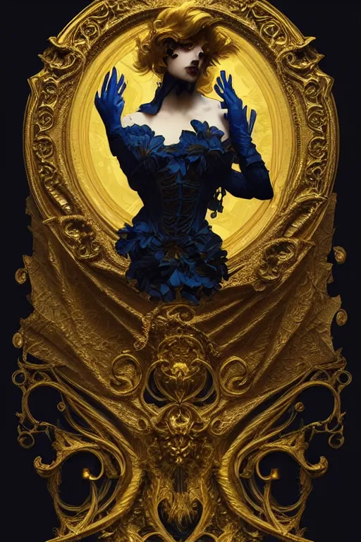 Image similar to beautiful black blue yellow, complicated gold the baroque style decoration, dark fantasy, intricate, elegant, highly detailed, digital painting, artstation, concept art, matte, 3 d 8 k octane rendered, sharp focus, illustration, octane rendered, art by artgerm and alphonse mucha, leesha hannigan