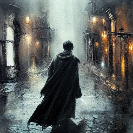 Image similar to daniel radcliffe as harry potter walking, craig mullins epic oil on canvas painting of a lord of the rings atmospheric landscape, mordor, line art!!, ink, art concept for a book cover!!, harmonic colours, thik brushstrokes, movie still, game of thrones concept art, highly detailed, centered, hyperrealism