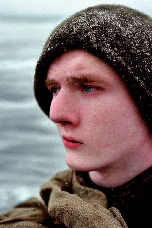 Image similar to super close up portrait of a frowning young irish adolscent 1 8 years old irish man in the cold cold sea at winter, by annie leibowitz, 1 9 9 8,