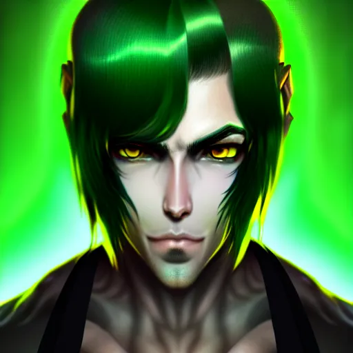 Image similar to a highly detailed portrait of a man with dark green hair and green glowing eyes, high detail clothing, concept art, anime, artstation, professional