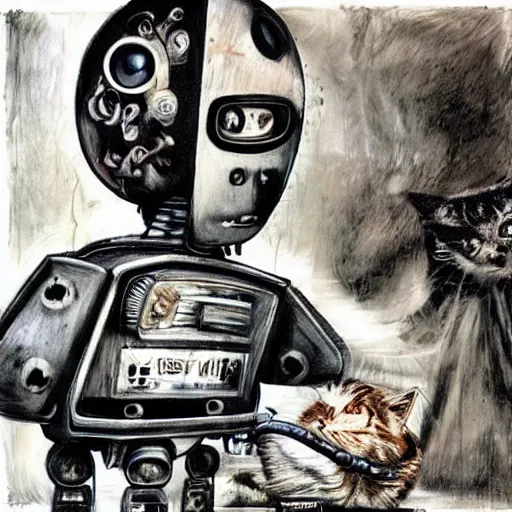 Image similar to robots and cats, art by ernest pignon - ernest, tim burton