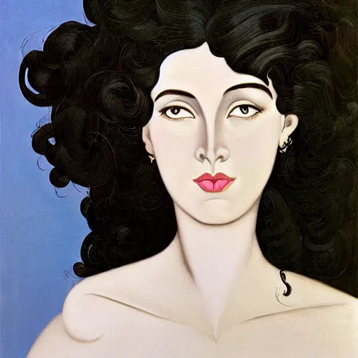 Prompt: oil painting of a portrait of a Queen dark curly hair, fair skin, by Patrick Nagel, by Georgia O Keeffe, by Gustave Moreau, art deco, matte drawing, storybook illustration, tonalism, realism