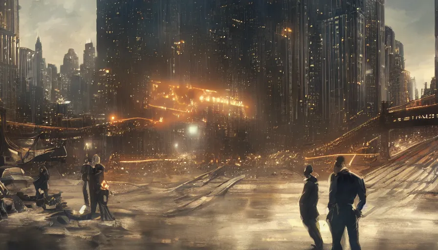 Prompt: Movie scene of lot of shocked people watching Chicago falling far away, hyperdetailed, artstation, cgsociety, 8k