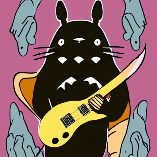 Image similar to cannibal totoro, blood stained, cannibal corpse fan, playing an electric guitar and doing the horn symbol with his hand fantasy digital art, wow, stunning, ghibli style, hight quality