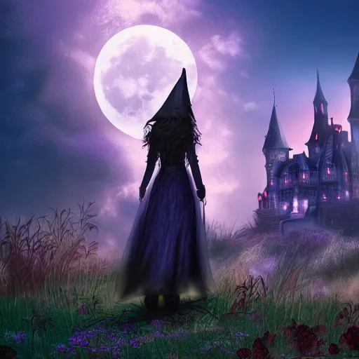 Prompt: a witch is standing on the foreground, in the background is a castle in front of the full big moon, fantasy digital wallpaper, fantasy digital art, purple, orange, blue colors, cinematic lighting