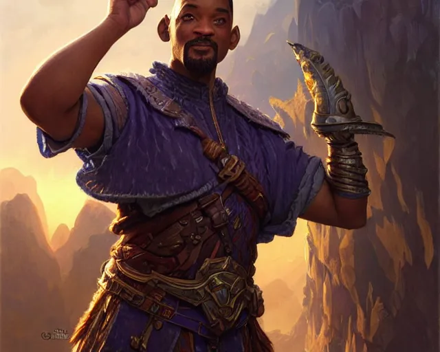 Image similar to if will smith was a halfling from d & d, deep focus, d & d, fantasy, intricate, elegant, highly detailed, digital painting, artstation, concept art, matte, sharp focus, illustration, hearthstone, art by artgerm and greg rutkowski and alphonse mucha