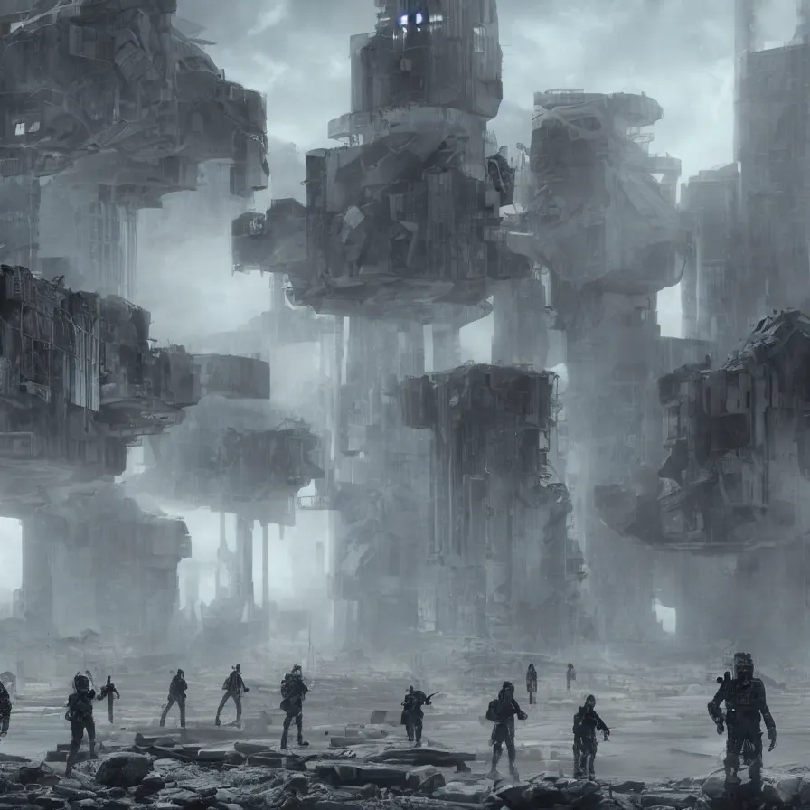 Prompt: 8 k hyperrealistic cinematic shot starset band in epic sci fi uniforms, standing in the streets, examining ruins, in an nuclear apocalyptic ruined distopian future city in an epic cinematic shot, brutalist buildings tower over with red haze, performing a music video, hyper ultra detailed, stunning realism, real scale