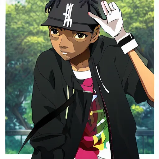 Image similar to Kendrick Lamar as an anime character in an anime, still, portrait