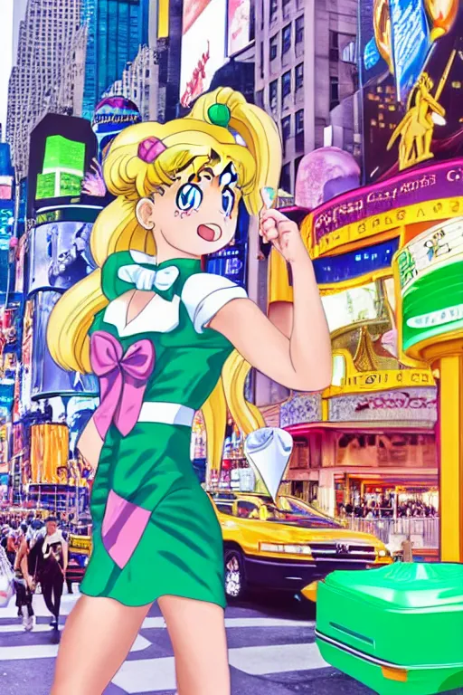 Image similar to Sailor Moon eating an ice-cream cone with green ice-cream, walking down New York Time Square, high detail, realistic