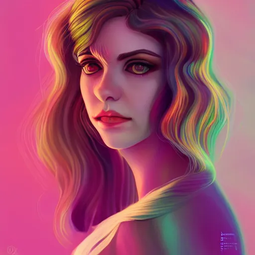 Prompt: portrait of a woman inspired by lois van baarle, illustration iridescent, iridescent background, hair styles, light make up, cinematic 8 k