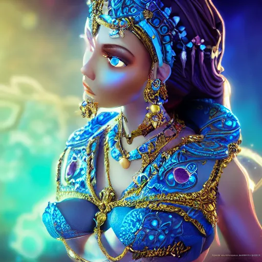 Image similar to photo of wonderful princess of sapphire with fair skin, she has her eyes closed, glowing, ornate and intricate blue jewelry, jaw dropping beauty, glowing background lighting, blue accent lighting, hyper detailed, award winning photography, 4 k octane render