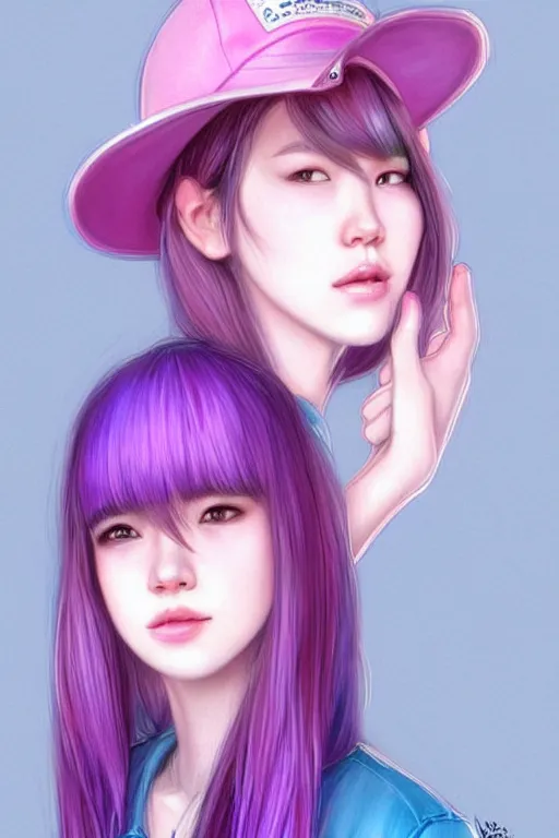 Prompt: gorgeous!!! hyper - realistic teenager girl with pink hair, light pink fedora hat and light pink jacket, with purple gloves, blue jeans and white shoes | drawn by wlop, drawn by jeehyung lee, drawn by artgerm | intricate, highly detailed, digital painting, character design, concept art, illustration, artstation