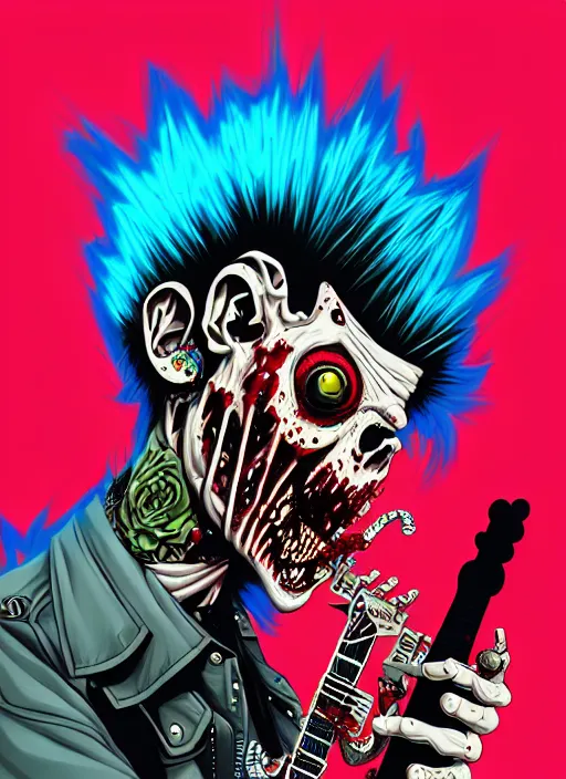 Image similar to a zombie punk rocker with a mohawk playing electric guitar, tristan eaton, victo ngai, artgerm, rhads, ross draws, cinematic by francis tneh