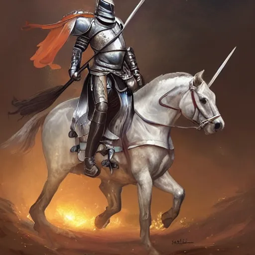 Image similar to a mounted knight in full armor and a lance, riding in a jousting arena, art by artgerm and greg rutkowski and magali villeneuve, d & d, fantasy, highly detailed, digital painting, trending on artstation, concept art, sharp focus, illustration
