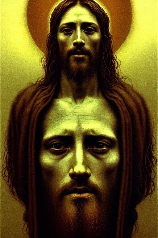 Image similar to jesus portrait, in the style of beksinski, solarpunk, atmospheric, clean, intricate and epic composition, gray by caravaggio, insanely quality, highly detailed, masterpiece, white light, artstation, 4 k