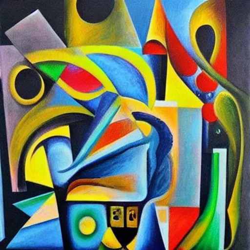 Prompt: intricate, amazing, abstract, cubism, painting by nery de linn