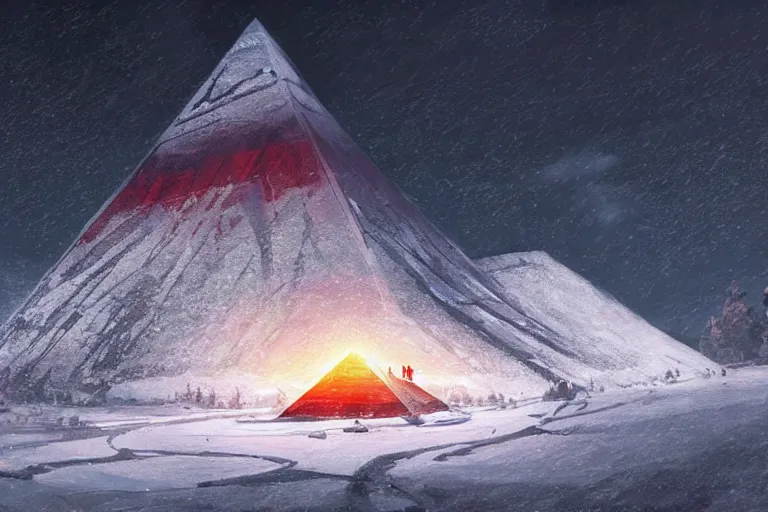 Prompt: concept art painting of a large black obsidian pyramid!! on a snowy mountaintop, night, red lightning!!, dynamic lighting, vibrant, realistic, detailed, dark, in the style of makoto shinkai and greg rutkowski and james gurney
