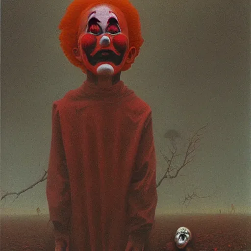 Prompt: Scary clowns eating children, by Zdzisław Beksiński