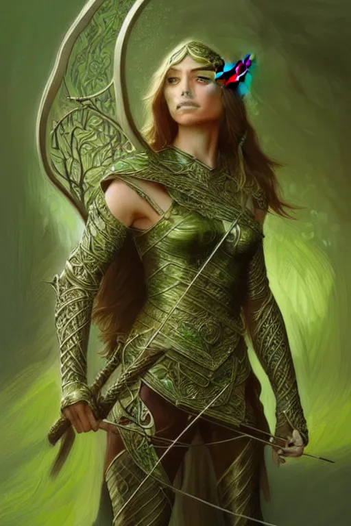 Image similar to male elven Archer armor made of green leaves, fantasy, amber eyes, face, long hair, intricate, elegant, highly detailed, digital painting, artstation, concept art, smooth, sharp focus, illustration, art by artgerm and greg rutkowski and alphonse mucha