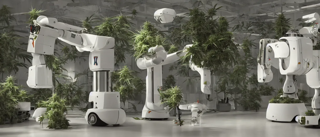 Image similar to three large white glossy kuka industrial robot harvesting a cannabis micro growery inside a fancy living room with retro modern furniture and decor, global illumination, artstation, fantasy, volumetric light