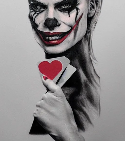 Prompt: tattoo design sketch of beautiful margot robbie with the joker makeup and holding an ace card, in the style of den yakovlev, realistic face, black and white, realism tattoo, hyper realistic, highly detailed