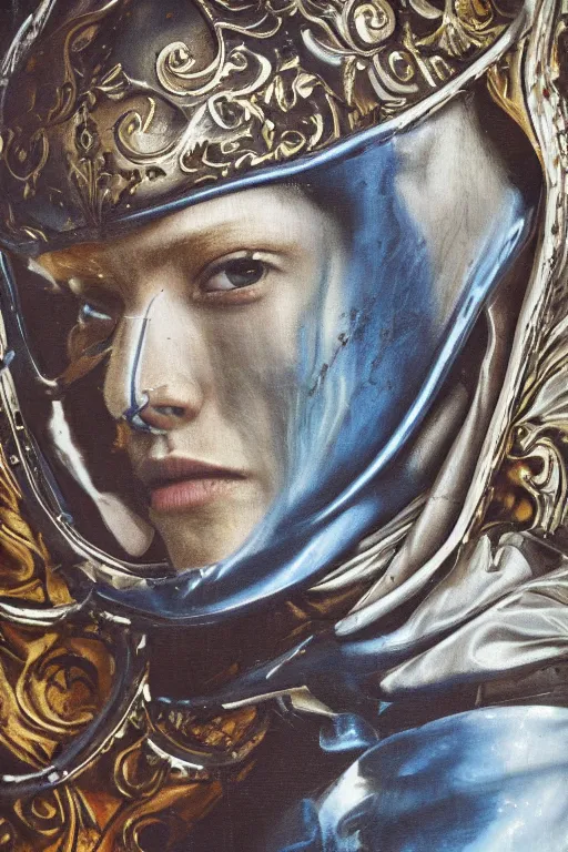 Image similar to hyperrealism oil painting, close-up portrait of medieval euopean fashion model, knight, steel gradient mixed with water swirls sky, in style of baroque mixed with 70s japan book art