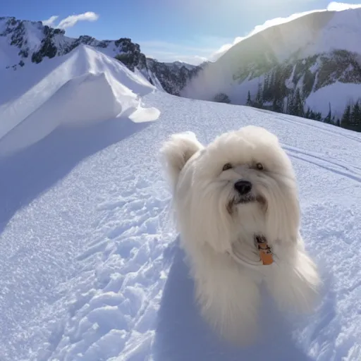 Prompt: a cream-colored havanese dog backcountry alpine skiing , gopro photo, 4k