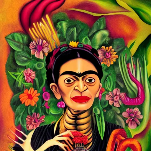 Prompt: witch doctor woman smiling in the flame of a candle, surrealism, frida kahlo, ayahuasca, climbing vines, hallucinations, spirit journey