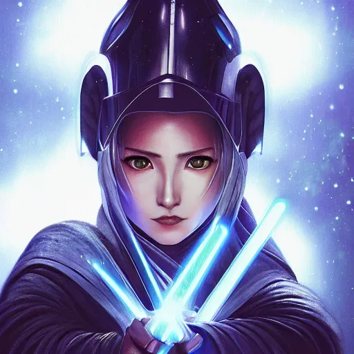 Prompt: head and shoulders portrait of a female knight, jedi, robes, blue lightsaber, beautiful japanese samurai, star wars, by artgerm, face detail, extremely detailed, digital manga