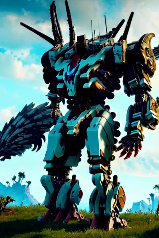 Image similar to a cinematic still from horizon zero dawn and pacific rim and transformers, full body mech, armored core, intact humanoid servo, octane render, nvidia raytracing demo, masterpiece, aged armor plating, decipticon armor plating, aggressive head, endoekeleton exposure