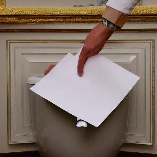 Image similar to donald trump putting peices of paper into an open toilet in the white house bathroom, 8 k photo