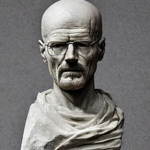 Prompt: an ancient Roman Statue of Walter White aka Heisenberg, made of stone, antiquity, beautiful stonework, high detail