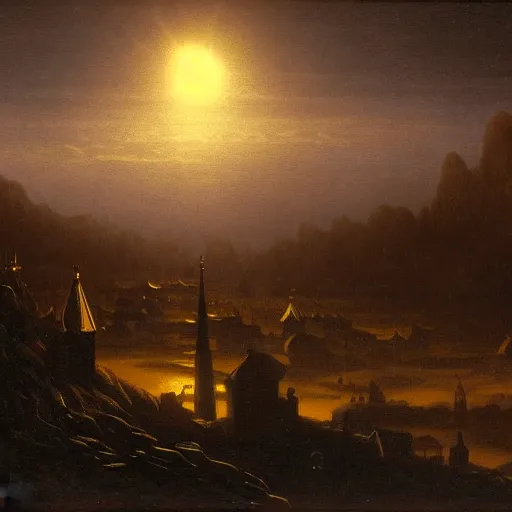 Image similar to dark solar eclipse, above a village, highly detailed, studio 4 k quality, by carl gustav carus