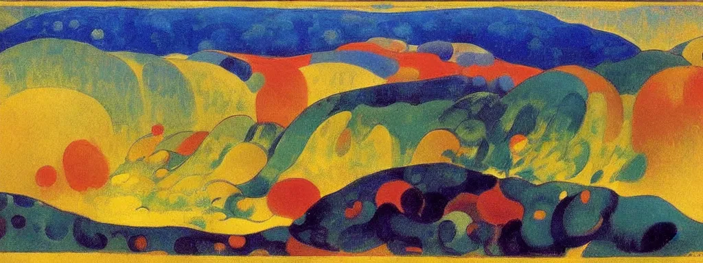 Image similar to An insane, modernist landscape painting. Wild energy patterns rippling in all directions. Curves, organic, zig-zags. Mountains, clouds. Rushing water. Waves. Psychedelic dream world. Odilon Redon. Andre Derain.