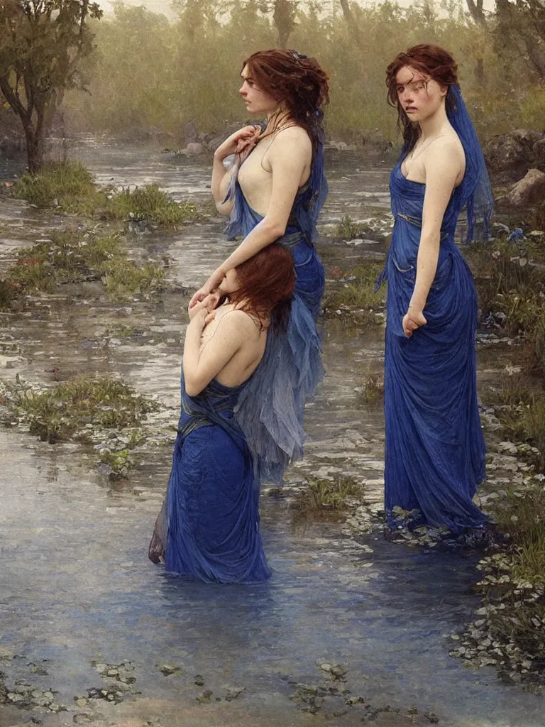 Prompt: detailed painting of two sad brides standing in the river, gloomy, cobalt blue gemstones floating in the river, art by greg rutkowski and alphonse mucha