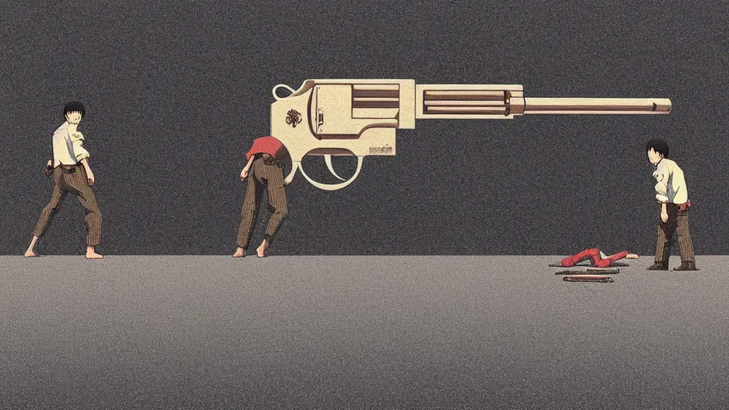 Image similar to I threw heavy objects down to kill the man, while he shot at me. I found a revolver but there were no bullets , screen print by Kawase Hasui and jeffrey smith, rendered in octane render 32k