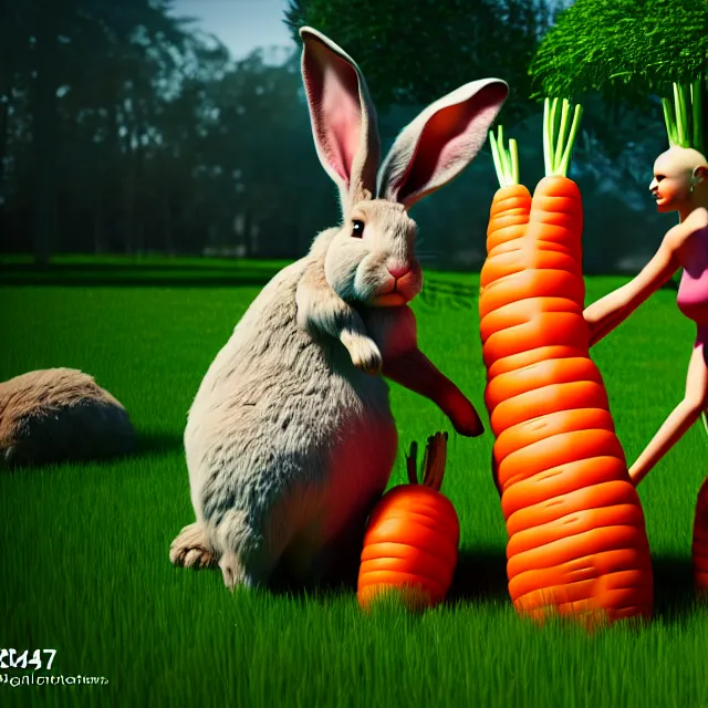 Prompt: photograph of giant rabbits eating humanoid carrot - people in the garden full cinematic scene, 4 k realistic photorender