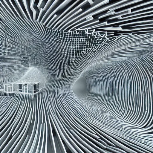 Image similar to three dimensional portrait of a house inspired by data - driven art, generative, coding, particle waves, spirals