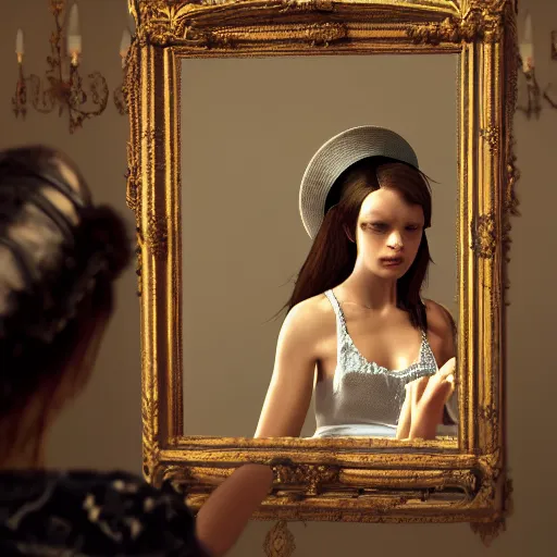 Image similar to an old hat is brushing her hair in front of an ornate mirror, the reflection is of a beautiful young girl, hyper detailed, 4 k octane render