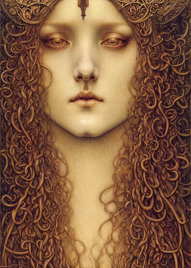 Image similar to detailed realistic beautiful young medieval queen face portrait by jean delville, gustave dore and marco mazzoni, art nouveau, symbolist, visionary, gothic, pre - raphaelite. horizontal symmetry