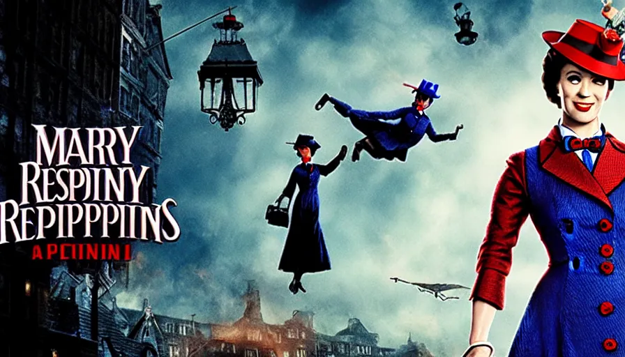 Image similar to mary poppins in resident evil, action film, horror film, cinematic style, 3 5 mm, film post process