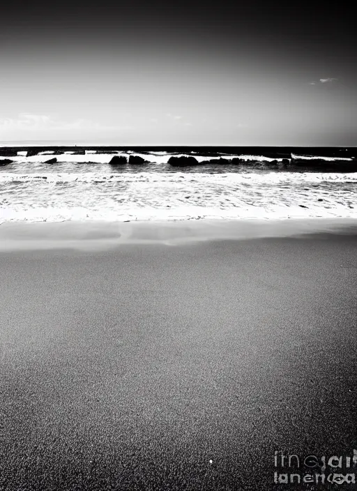 Prompt: beach, black and white photograph