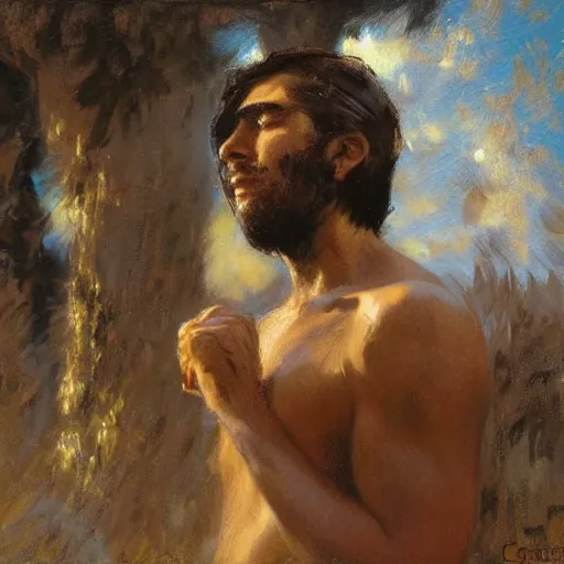 Prompt: a man with a blowout haircut, painting by Gaston Bussiere, Craig Mullins