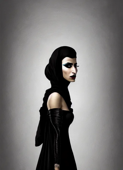 Image similar to portrait of an egyptian woman with a crooked nose and a confident expression, 1 9 6 0 s, black clothes, goth, punk, funk, intricate, elegant, highly detailed, digital painting, artstation, concept art, smooth, sharp focus, illustration, art by wlop, mars ravelo and greg rutkowski