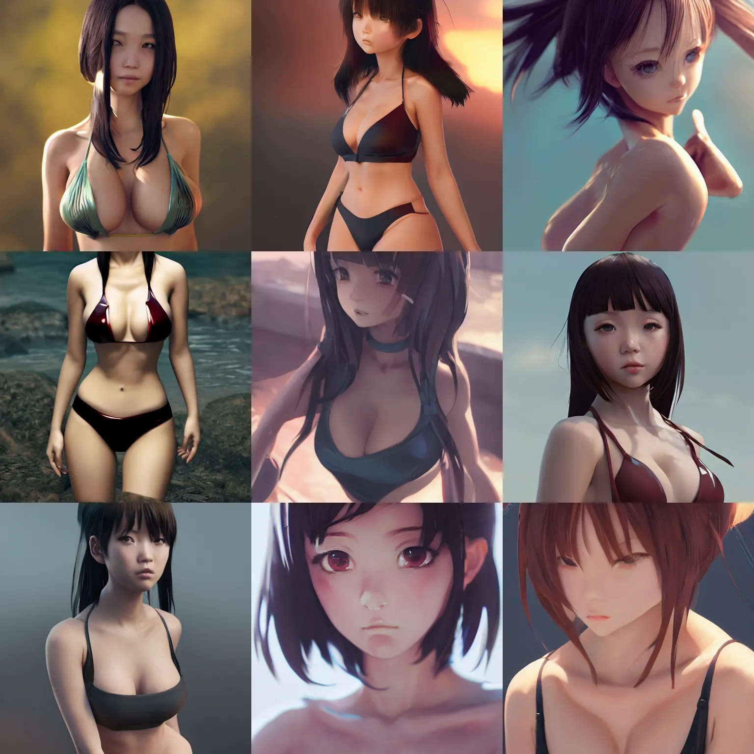 Image similar to clothed, worksafe. cgsociety, by wlop, ilya kuvshinov, krenz cushart, greg rutkowski, trending on artstation. zbrush sculpt, octane, maya, houdini, vfx. close - up face of a cute anime japanese filipino girl wearing latex bikini. cinematic dramatic atmosphere, sharp focus, volumetric lighting.