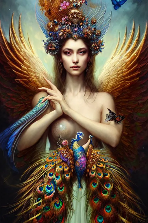 Prompt: ultradetailed portrait of an empress of celestial beauty! with large wings of protecton, flowers and butterflies, ornate crown made of peacock feathers by greg rutkowski, karol bak and peter mohrbacher, volumetric lighting, magical realism, celestial, goddess, empress.