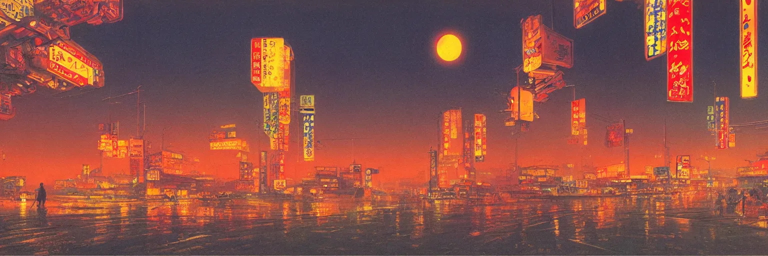 Image similar to awe-inspiring bruce pennington landscape digital art painting of 1960s Japan at night, 4k, matte